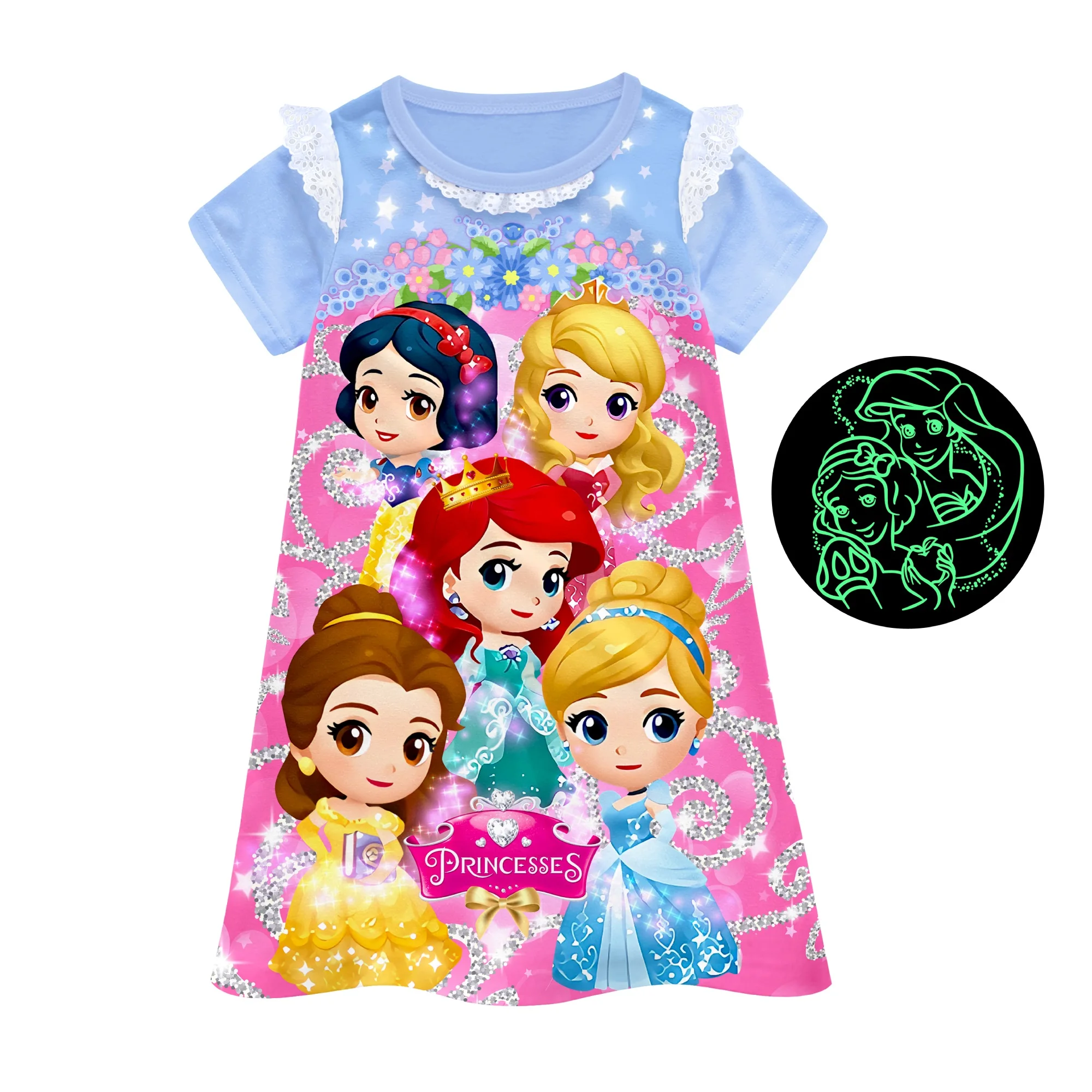 Princess Night Dress Cartoon Glow in the Dark Nightgown Kids Sleepwear