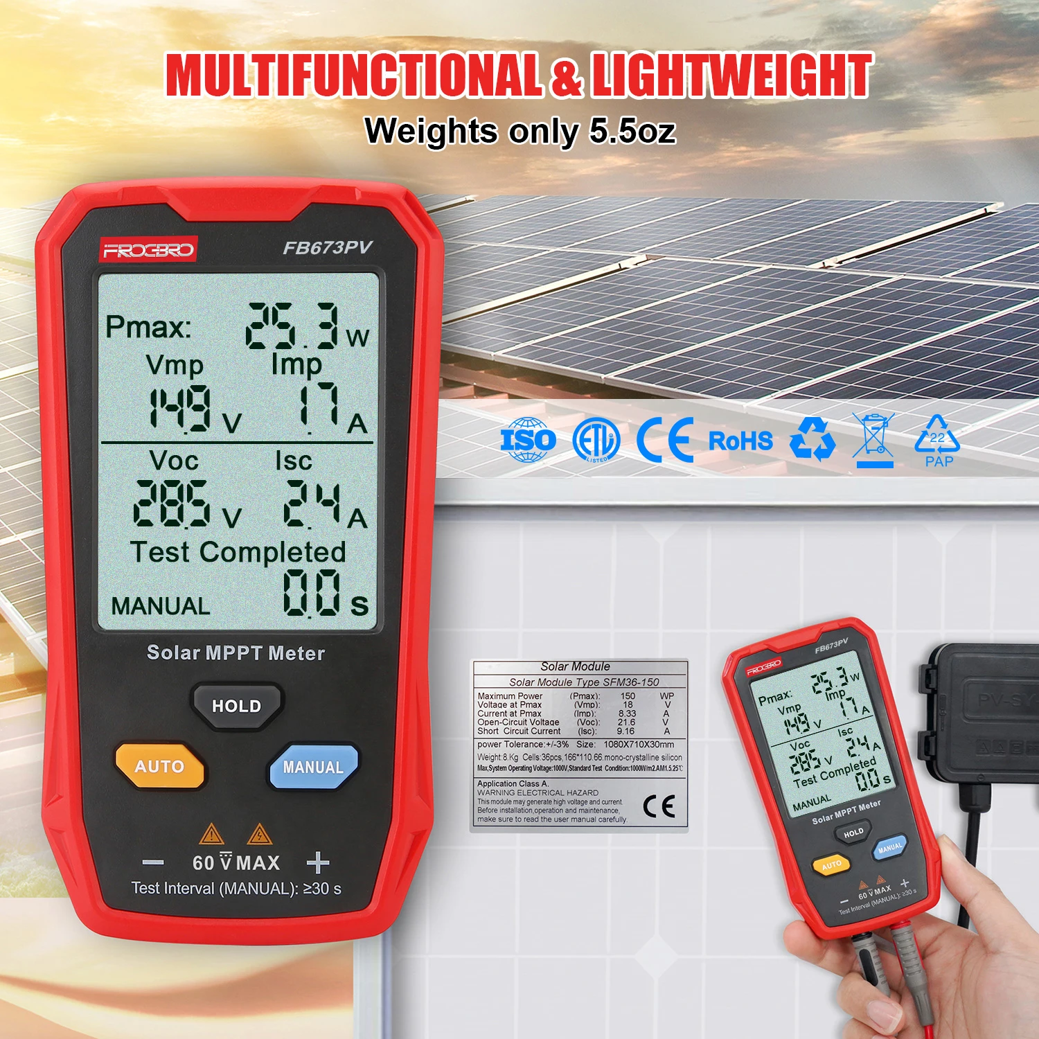 FB673PV LCD Display Smart MPPT Solar Panel Tester Meter Energy Systems Solar Panels VOC test Pv Tester Meter