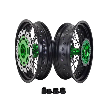 High Quality And Reliable 17"  Supermoto Wheels With Black Rims And Green Hubs