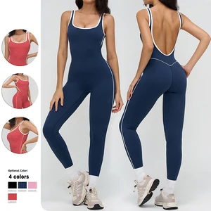 Women Hollow Back Design Yoga Jumpsuit Contrast Trim Square Neck Butt Lift Tummy Control Gym Fitness Running Activewear