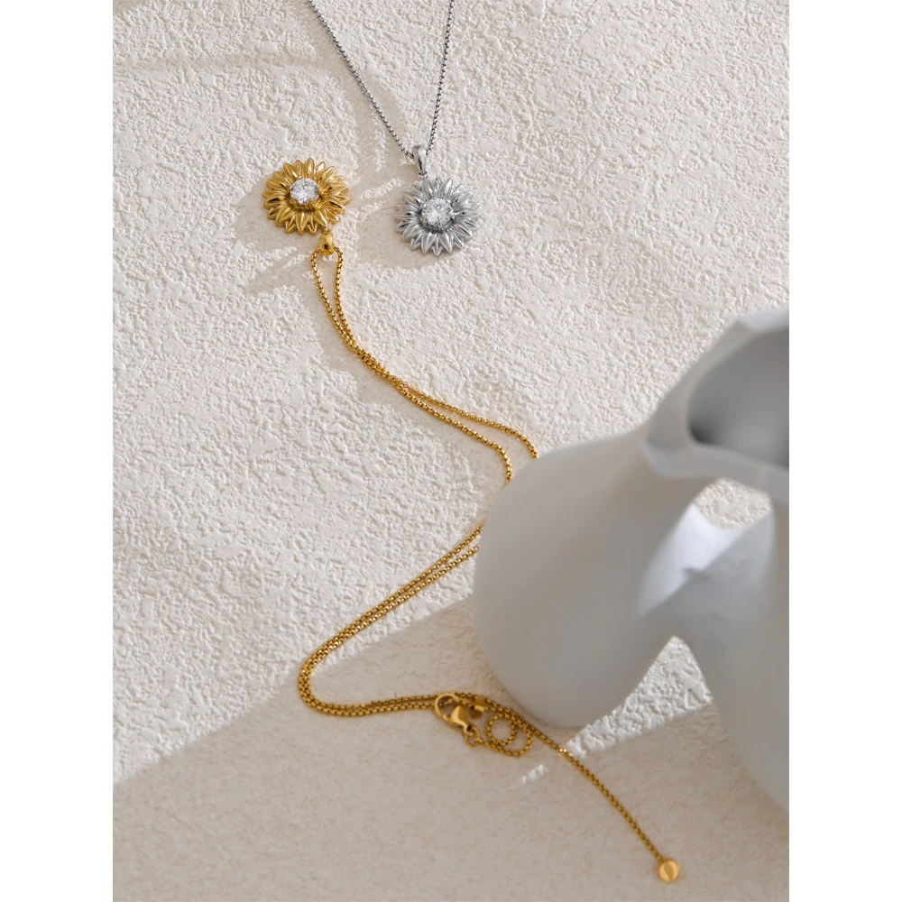 JINYOU 4670 Sunflower CZ Pendant Necklace - Women's Jewelry
