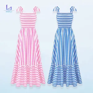 Huili Manufacturer Custom Print Summer Strappy Backless 100% Cotton Boho Polynesian Striped Maxi Dress with Flare Hem Full Skirt