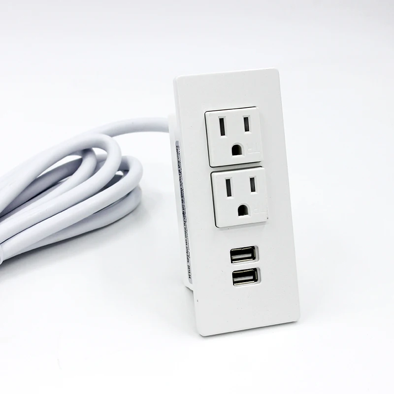 White Furniture Recessed Power Strip With Flat Plug Desk Outlet Dual USB Desktop Power Grommet Socket for Offices Table