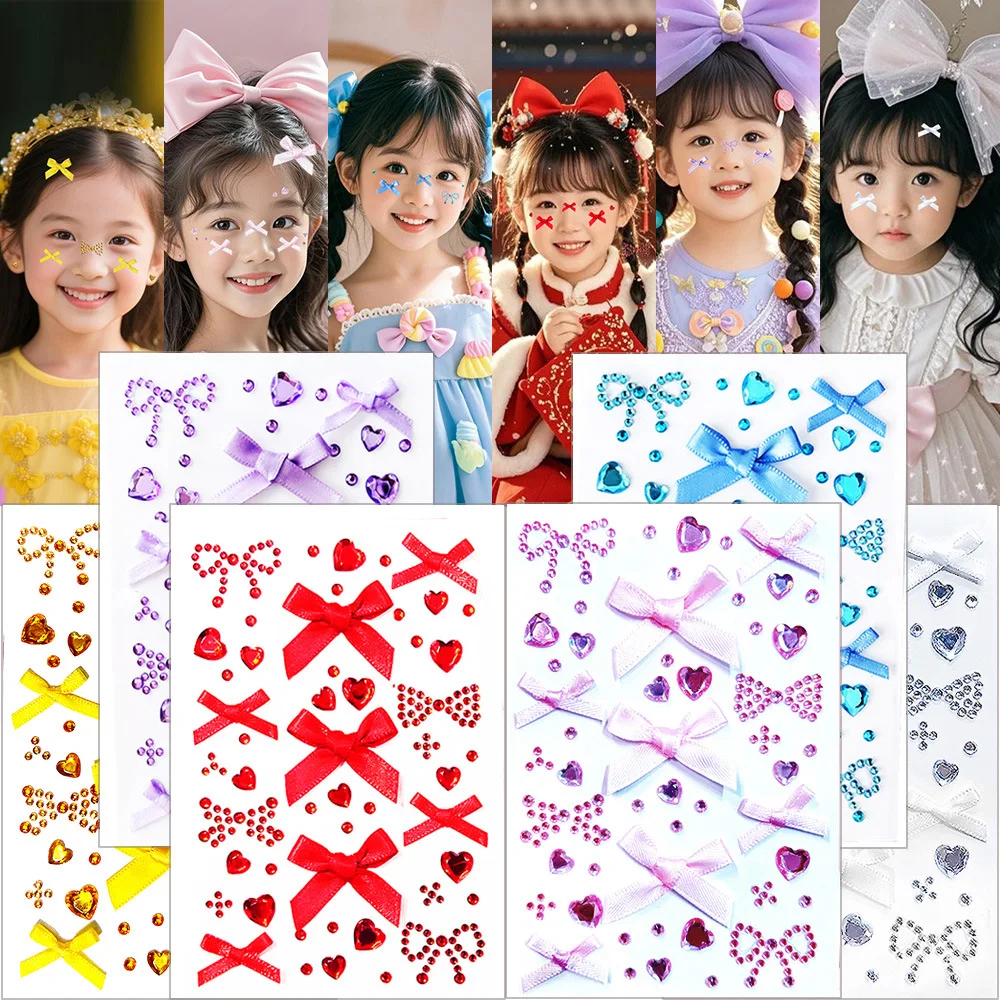 1sheet Pink Ribbon Bow heart Rhinestone Stickers Kawaii Red Silk  
