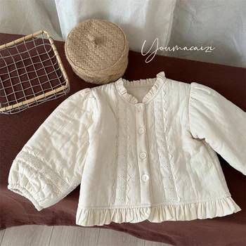 Winter Korean Style Garment Dyed Children's Sweet Cotton Padded Jacket Wooden Ears Girls Babies Solid Color Lace Trim