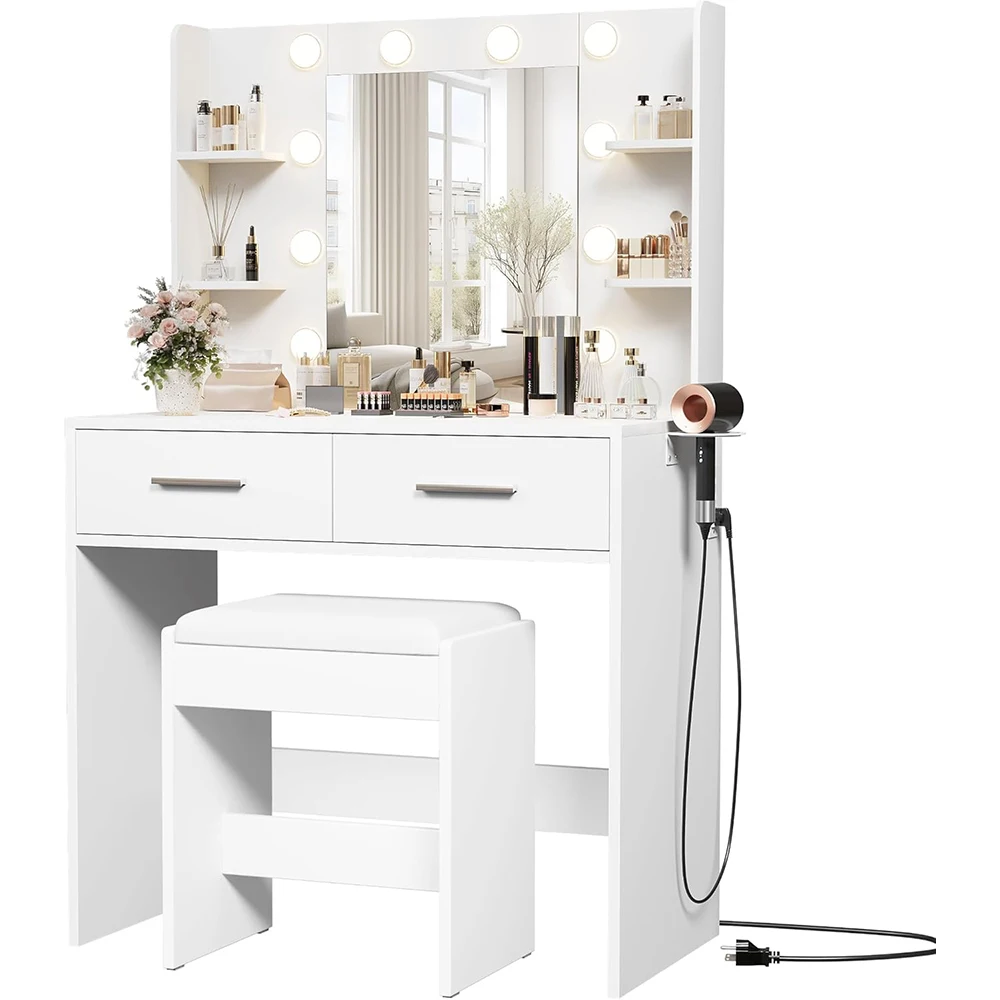 Modern Bedroom Vanity Desk Mirror with LED Lighting 3 Color Options & Adjustable Brightness MDF Construction 2 Drawers 6 Shelves