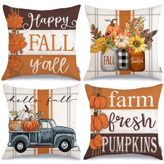 GEEORY 16x16 Inch Set of 4, Happy Fall Y'all Decor Pillow Covers Cushion Cases for Farmhouse Home Party Sofa Couch Brown