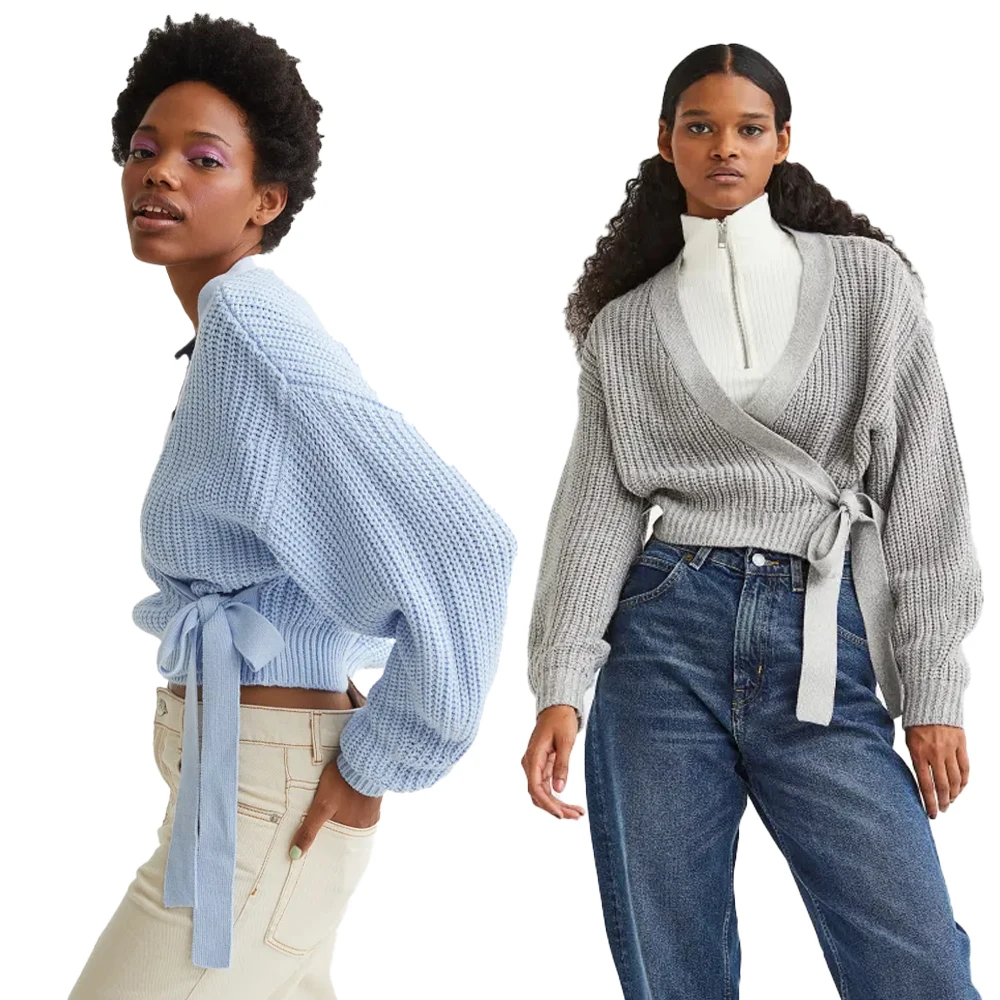 VSCOO Top High Quality Custom Deep Large v Neck Solid Color Long Sleeve Two Belts Bow Knot Knitting Women Sweater