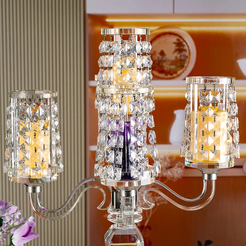 Hot Selling Five Arm Long Handle Glass Tall and Elegant Wedding Center Home Decoration Crystal Candle Holder