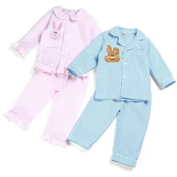 NO MOQ Kids sleepwear 100% cotton soft pajamas seersucker pyjamas pocket boys baby girls pjs