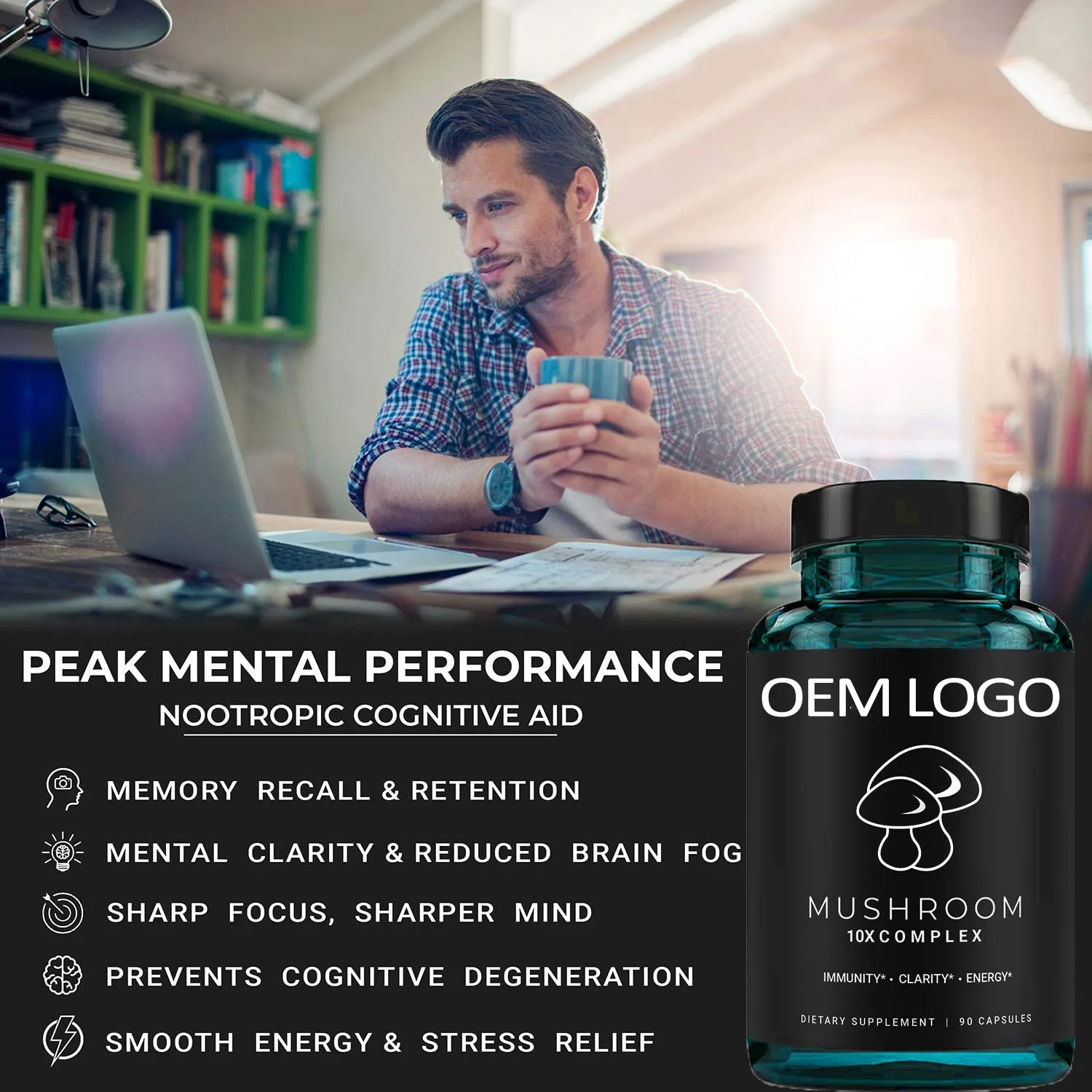 Organic 10X Complex Mushroom Capsule with Lions Mane Reishi Immune Booster & Nootropic Brain Supplement