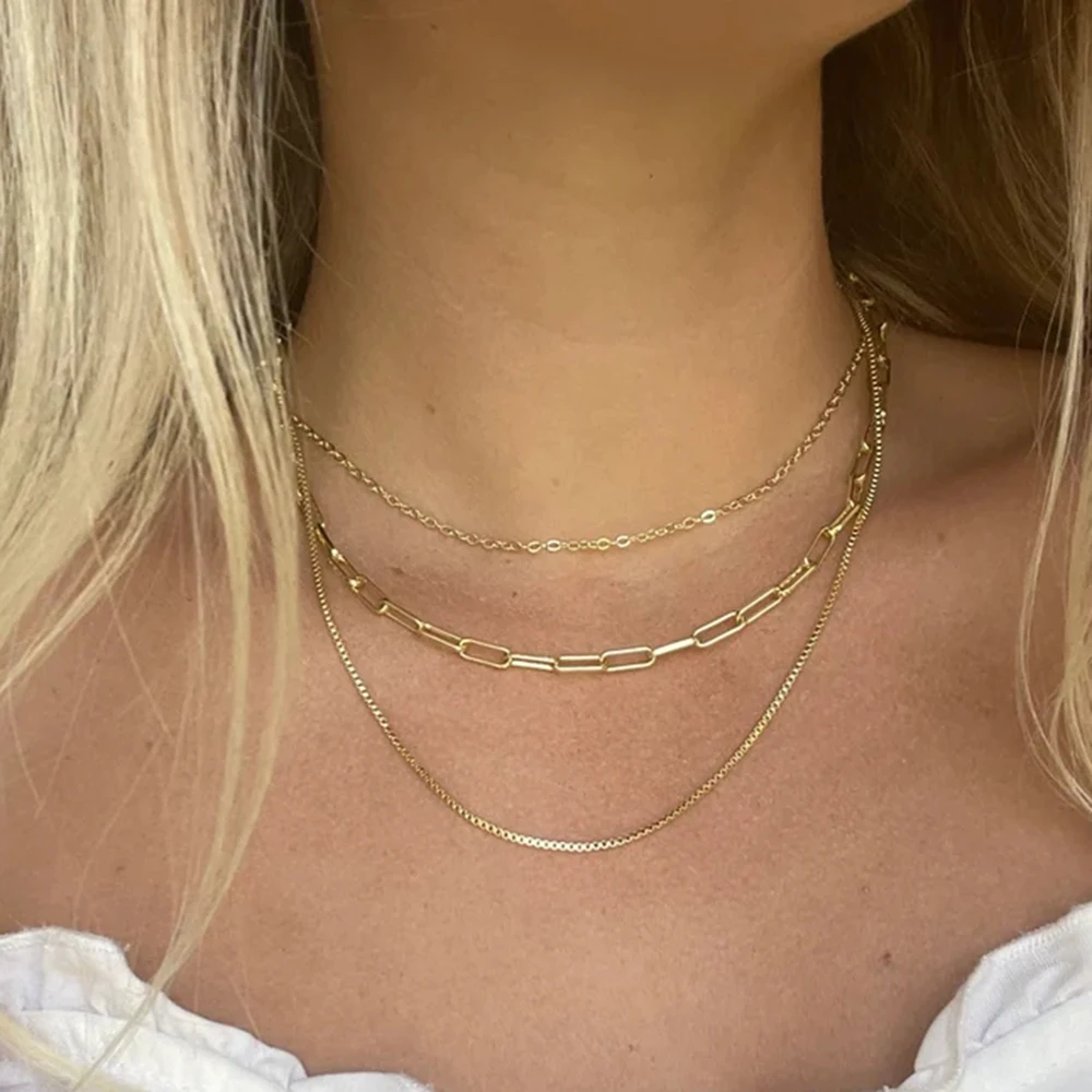 Paperclip Chain Stainless Steel Necklace Elegant Layered 18K Gold Plated