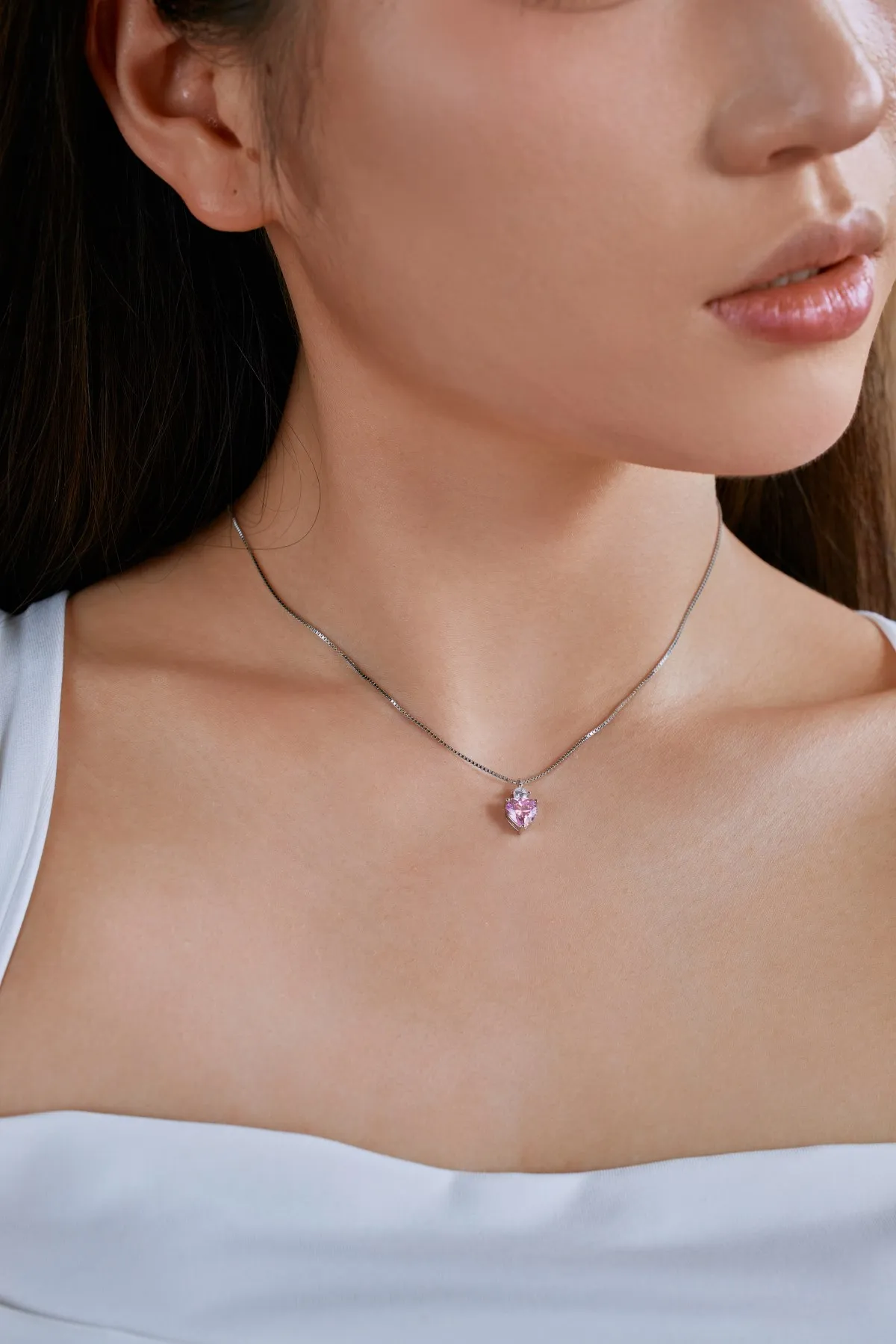 KAKODIY Matte 5A Cubic Zirconia Heart Shape Pendant Pink Stone Chain Necklace Forever Love Cubic Zirconia 925 Sterling Silver Necklace for Women detail 3