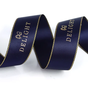 Custom printed blue black single face woven edge polyester satin gift ribbon with logo customised