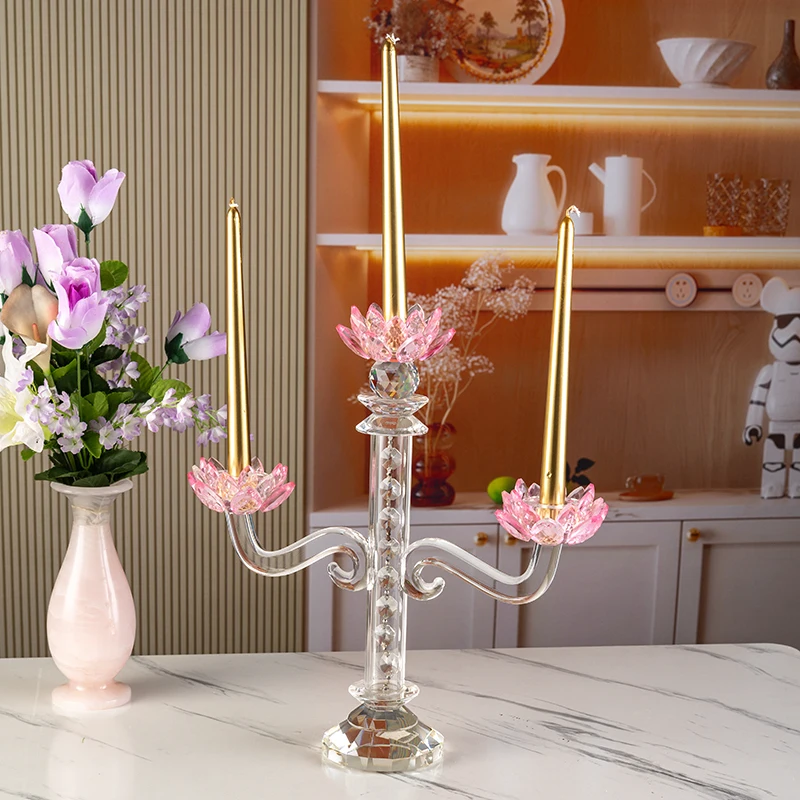 Small Bridge Glass High Long Handle Three Arm Flower Shaped Candle Holder Wedding Center Home Decoration Candle Holder