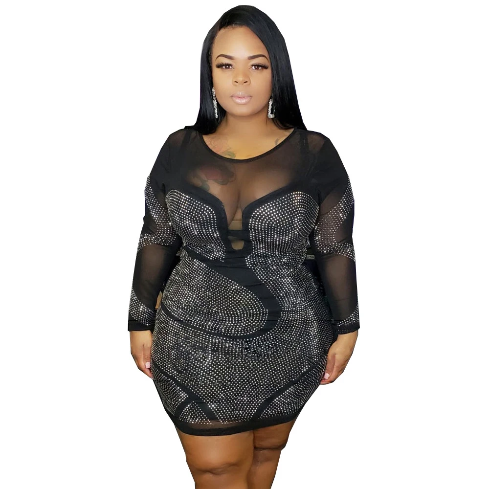 Wholesale Fat Woman Black Long Sleeve Sexy Mesh Plus Size Dresses From