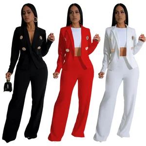 Customize Women's V-neck Long Sleeve Jacket Solid Color Pants Business Suits 3D Embroidery Two-Piece Set Button New Arrival