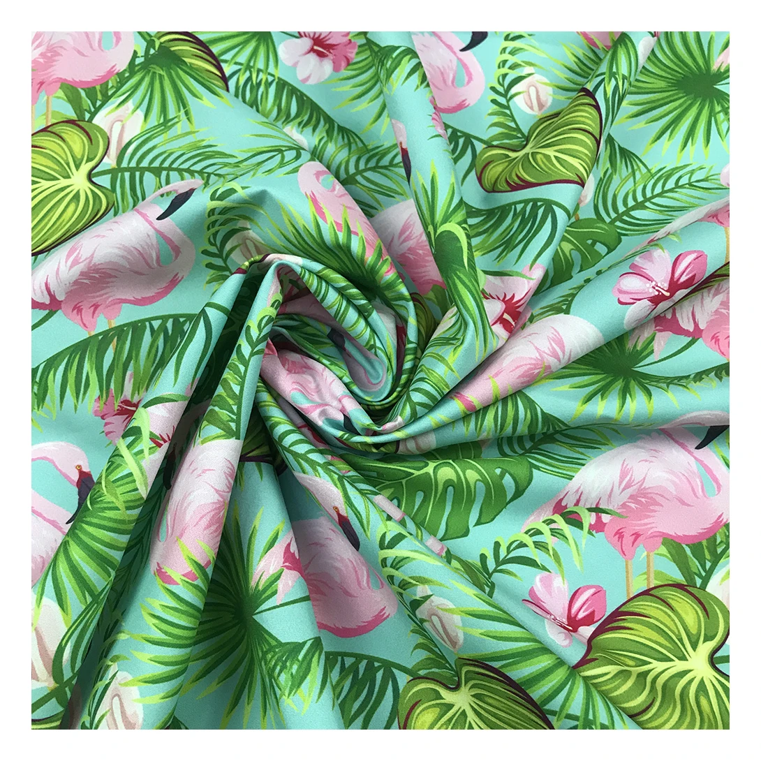 Фабричный магазин, тропический фламинго, дизайн, цифровая печать, 100% полиэстер, персиковая кожа, печатная ткань для пляжных шорт, одежда