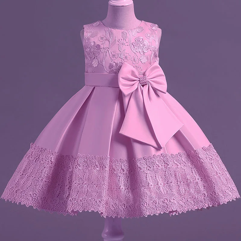 New Girls Prom Princess Long Sleeve Large Bow Pattern Satin Embroidered Christmas Party Show Dress 2