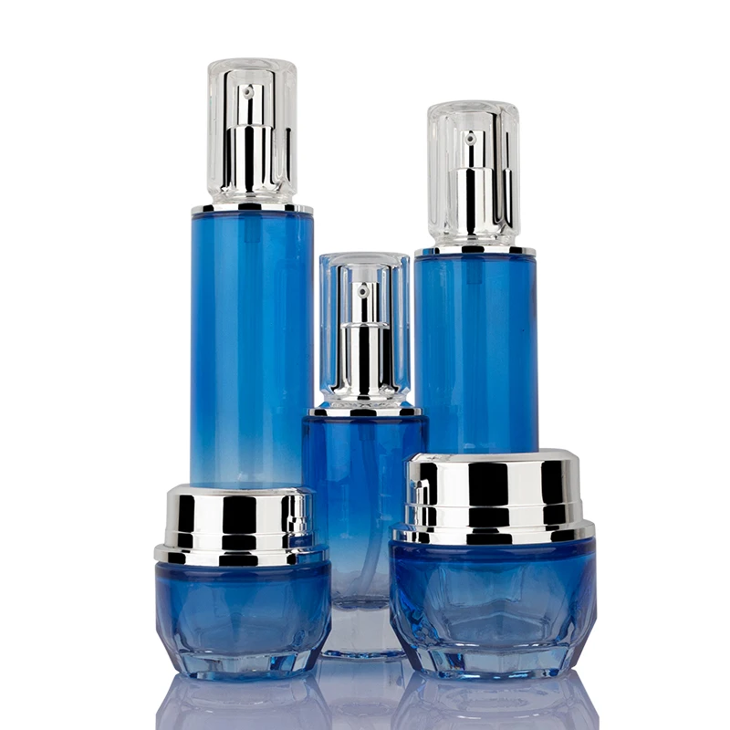 50/100/120ml Cosmetic Packaging Blue Gradient Flat Shoulder Skincare Set Glass Bottle Cosmetic Bottle Glass Bottle Set