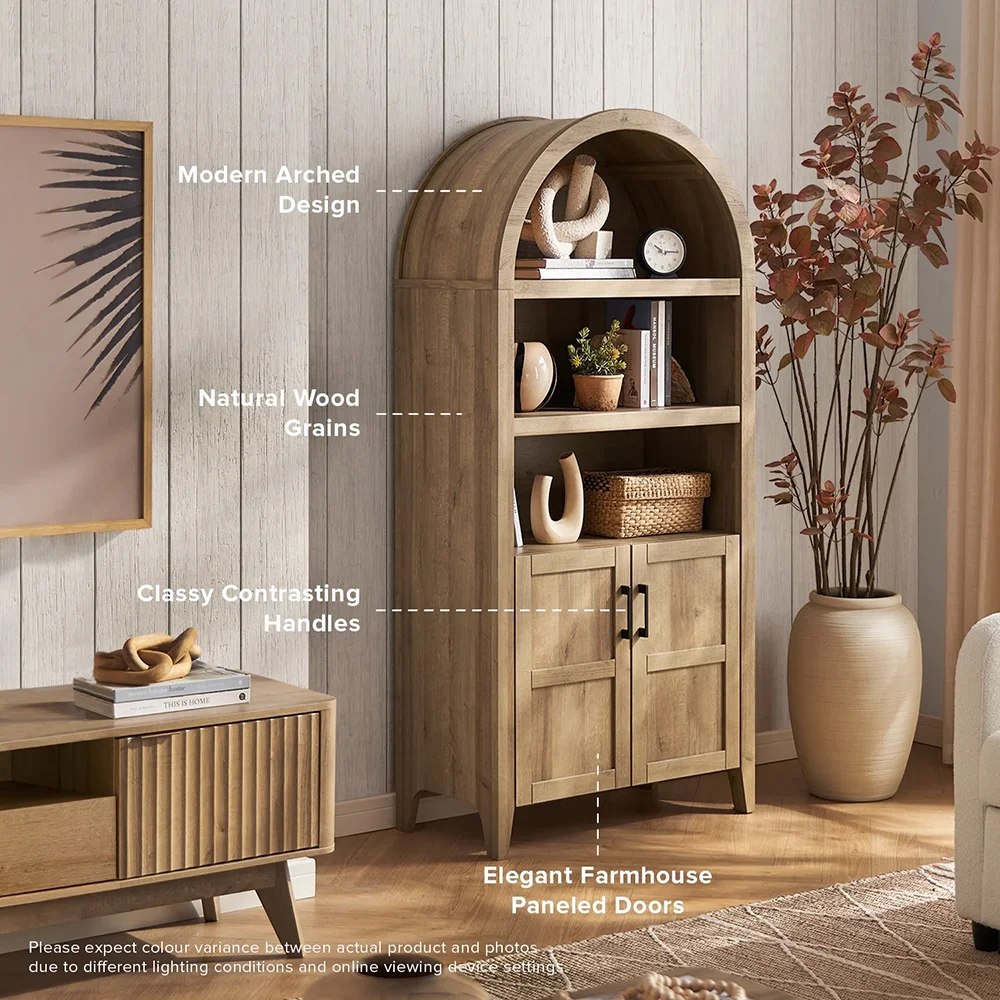 5-Tier Arched Bookcase with Doors and Shelves Living Room Furniture Bookshelf with Storage Cabinet supplier