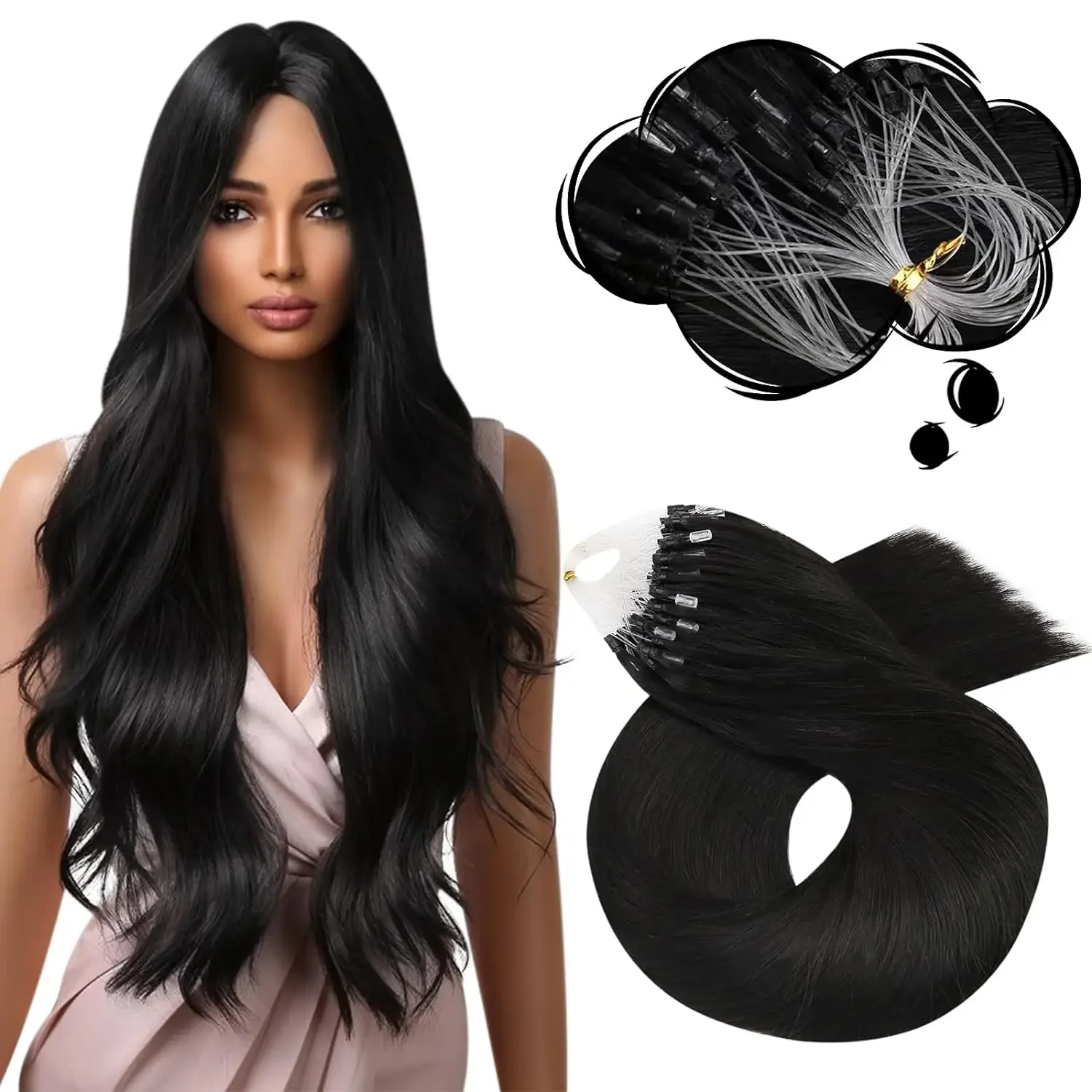Micro Loop Hair Extensions 16-26 Inch Micro Bead Remy Hair Extension 1g/Strand 50g Color 1B Natural Black Straight For Salon_voghion.com