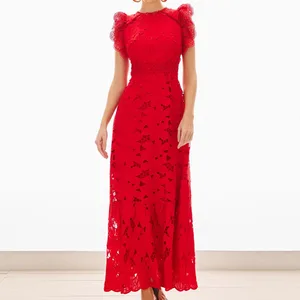 Custom Fashion Ruffle Sleeve Cut Out Plain Red Casual Summer Pink Women Elegant Maxi Dresses
