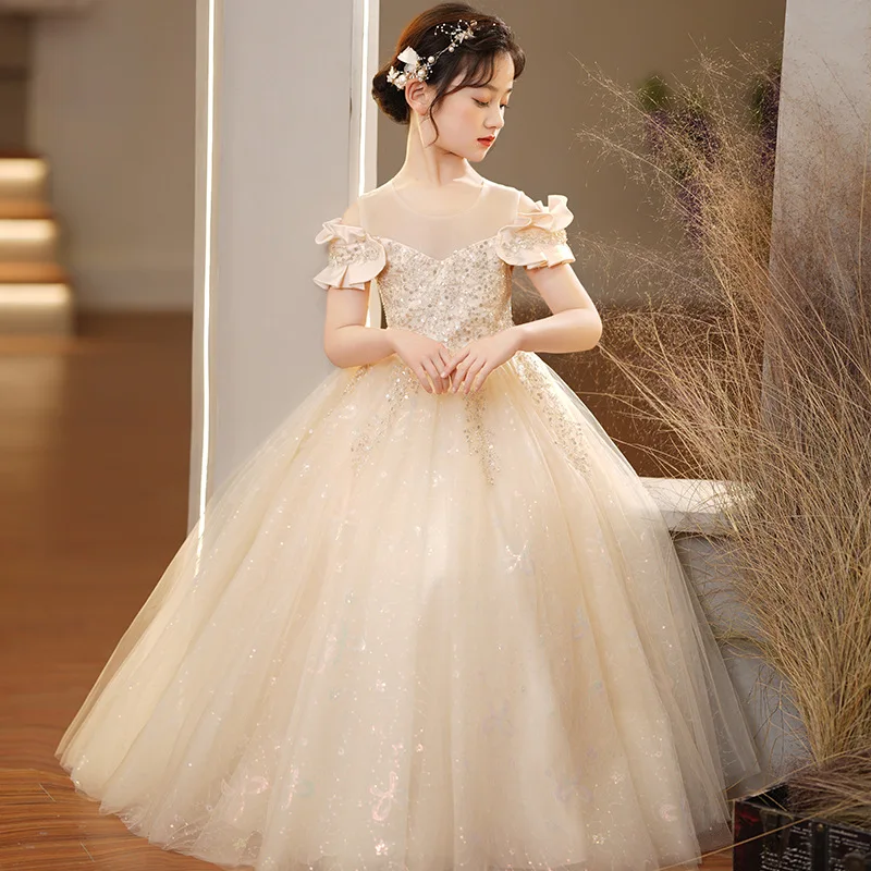 New Design Kid Ball Gown Dresses Wedding Girls Dress Latest Dress Children  OEM Service Belt Gray Mesh Plain Dyed Breathable