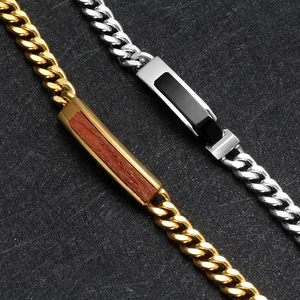 Fashion Jewelry Men's Natural Black Onyx Bubinga Wood Bracelet Stainless Steel Chain Cuban Link Bracelets