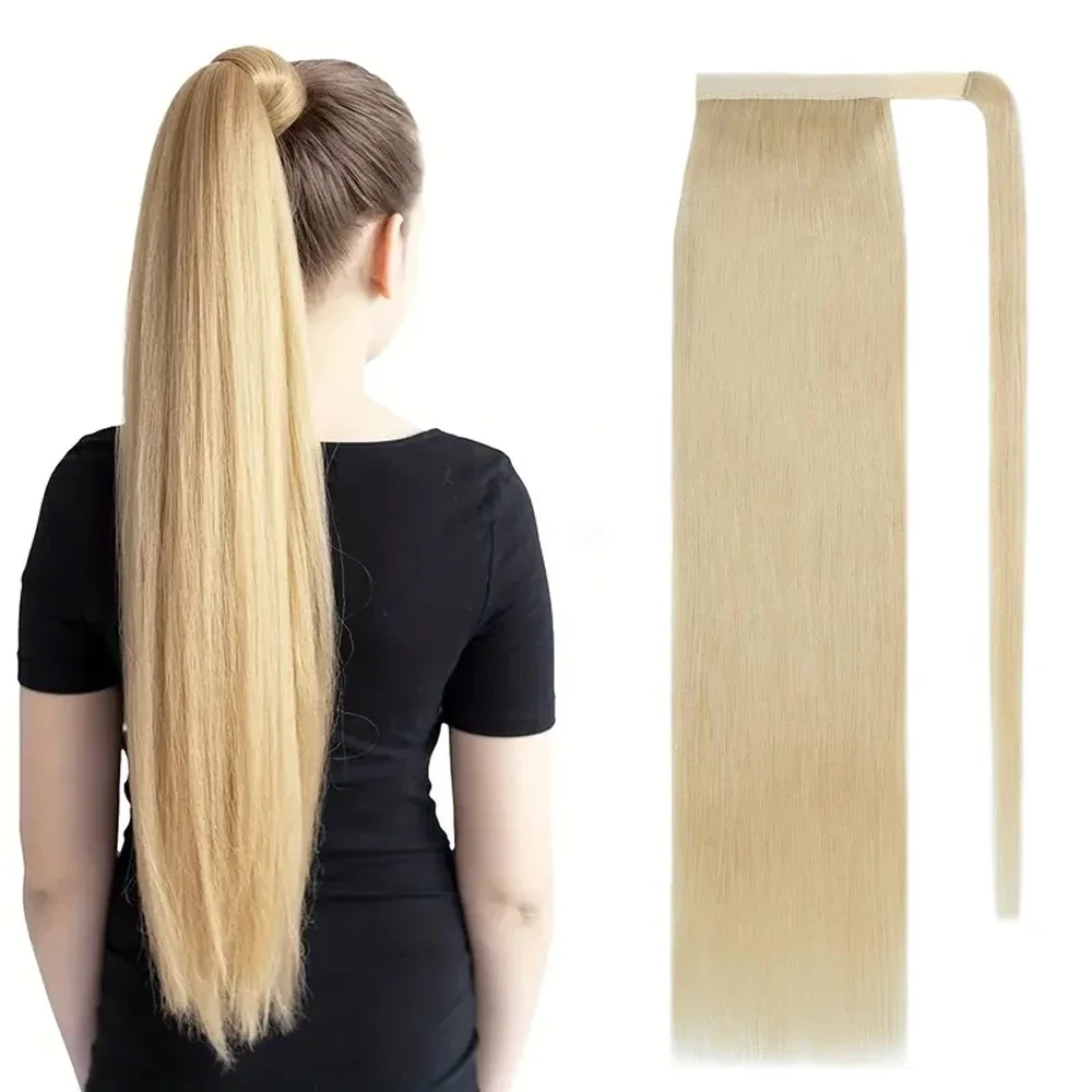 Extension per capelli a coda di cavallo 100% veri capelli umani lisci naturali pezzi unici biondo decolorato_voghion.com