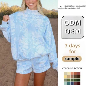 Custom Women Blue Camo Tie Dye Mock Neck Sweatshirt and Shorts Set Two Piece Casual Lounge Outfit Summer Streetwear Tracksuit