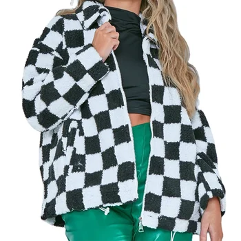 2022 Hot sale autumn and winter Black And White plaid Fur Oversize Zip Up women Coat