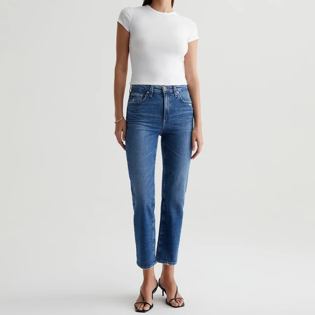 OEM Women's High-rise Straight Ankle Jeans Medium Indigo Wash Stretch 5-pocket Denim with Embroidery Eco-Friendly B2B Wholesale