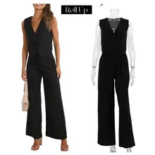 Casual Solid Two Pieces Sets Pants suits 2024 Summer Women Fashion Sleeveless Outfit Tank Top Vest High Waist Wide Pants Set