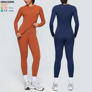 XW-52540+52341 Long Sleeve Leggings Slimming Custom Solid Breathable Fitness Gym Clothing Women 2 Piece Yoga Wear Set