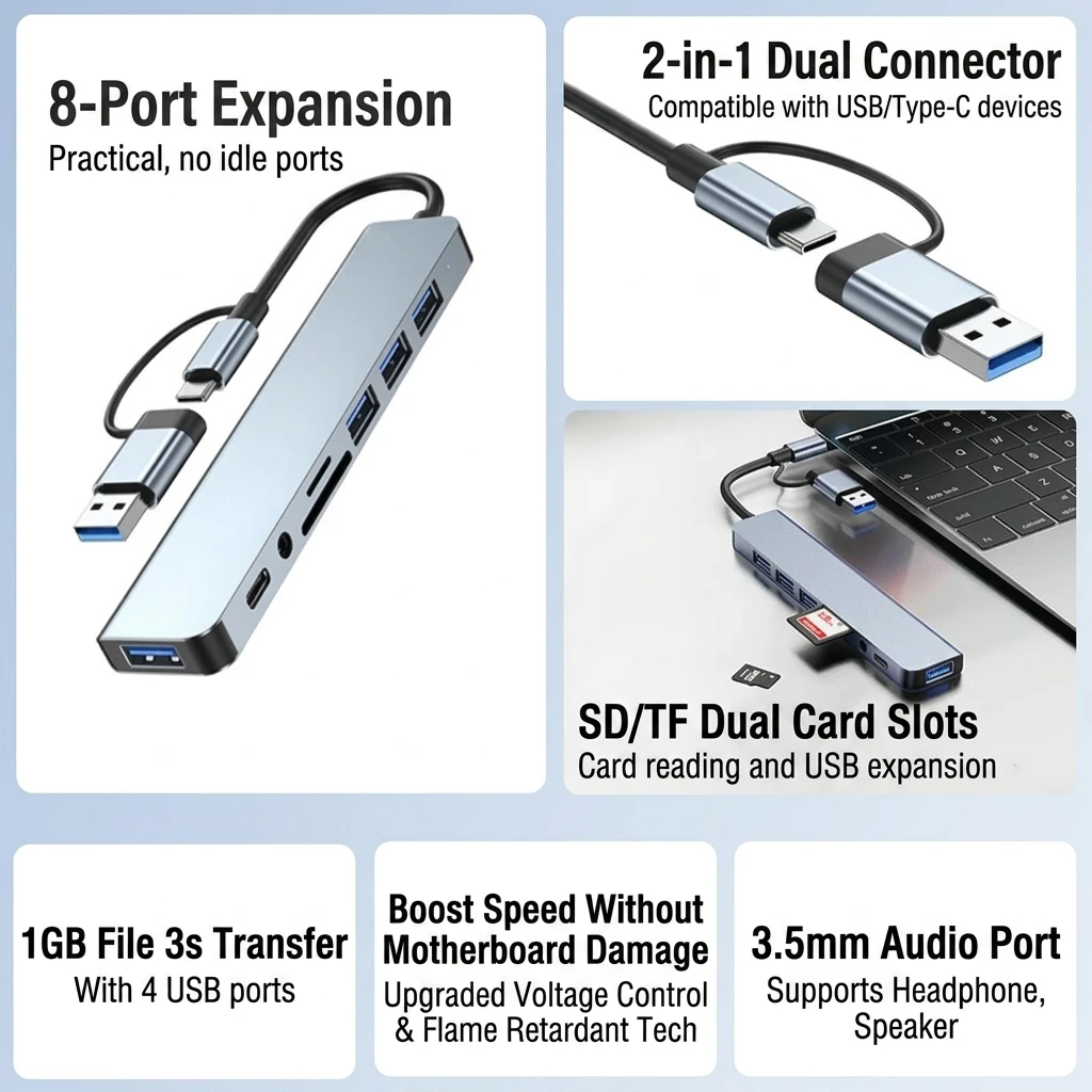 8 in 1 USB C Hub Dual Port USB a and Type C Adapter with 4K HDMI PD Charging RJ45 Ethernet USB 3.0 SD TF for Laptop MacBook PC
