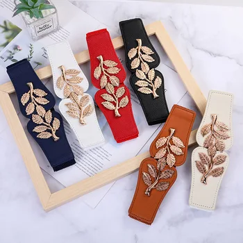 Gold Leaves Buckle Women Belts Elastic Ladies Fashion Wide Belts for Dress Waistband