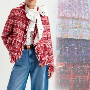 Autumn and Winter Women's Plaid Style Retro Round Neck Fringed Wool-blend Ladies Jacket Fashionable Red Jacket with Tassels