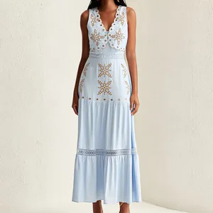 New arrival Design Puff Sleeve 3D Floral Casual Summer Clothing Pink Women Elegant Maxi Dresses