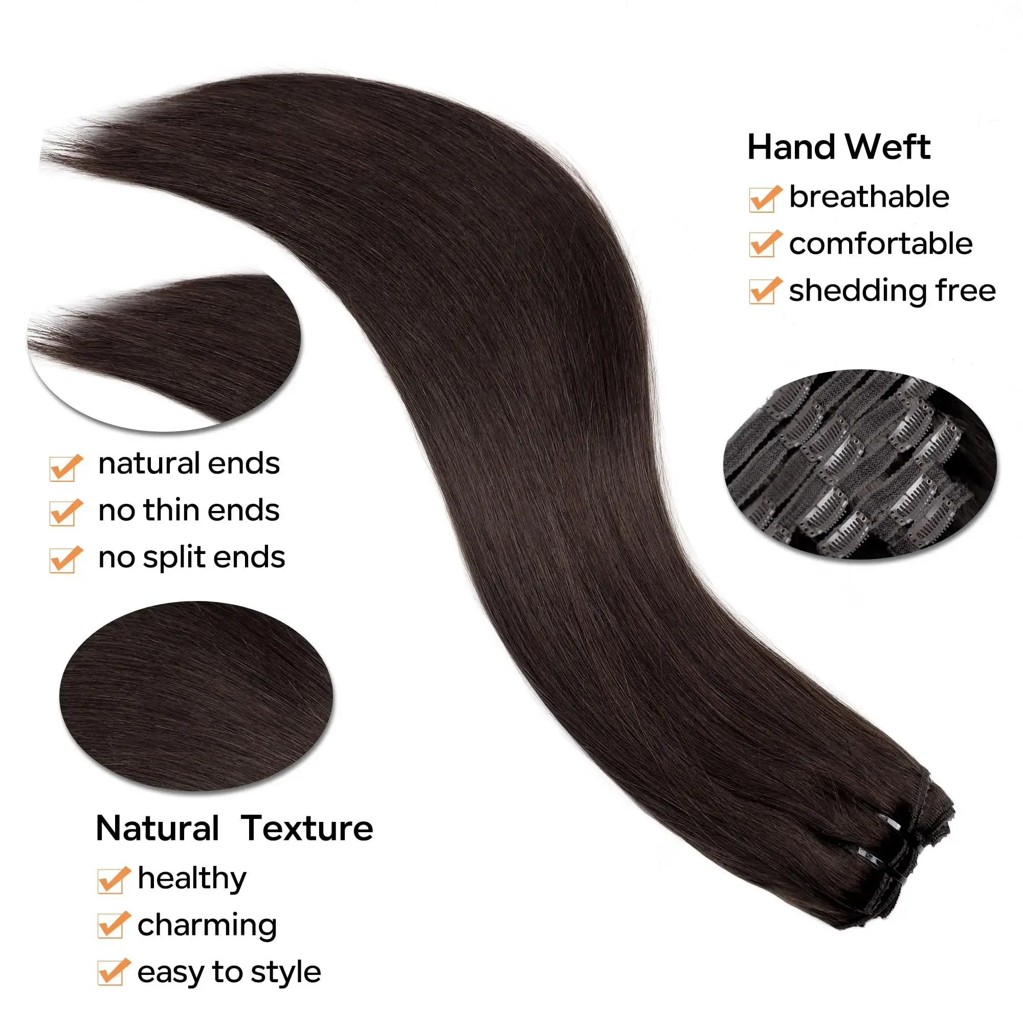 Extension con clip per capelli castano scuro, 100% veri capelli umani, doppia trama, estensione dritta_voghion.com