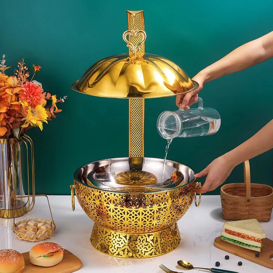 Baokang 2026 New Design Luxury Gold Food Warmer Buffet Catering Stainless Steel Hanging Chafing Dish 1 Year Warranty