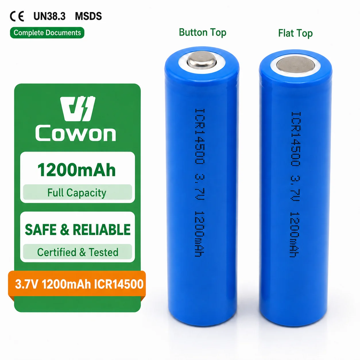 Výměnná lithiová baterie ICR14500 INR14500, 3,7 V, 1200 mAh, typu Flat Top nebo Button Top, pro dětský monitor, ventilátor, baterkovou svítilnu, OEM a individuální výrobu