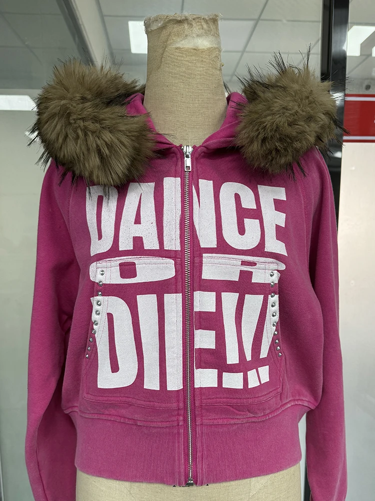 Salati Manufacturer Custom Y2K Woman 300 GSM Faux Fur Pink Screen Print Crystal Zip Distressed Crop Top Rhinestone Hoodie Women gallery 7