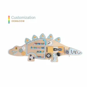 Multi-Functional Sensory Busy Board Educational Toy for Kids Wooden Dinosaur Shape Wall Game Activity Center with Gears Locks