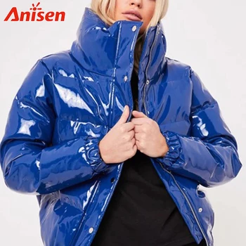 Blue vinyl hot sale puffer jacket