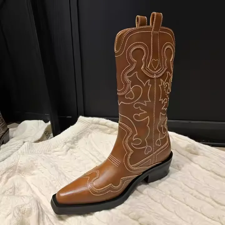 Customized Winter New Calfskin Cowboy Boots Genuine Leather 5cm Block Heel Women Western Boots - Image 4