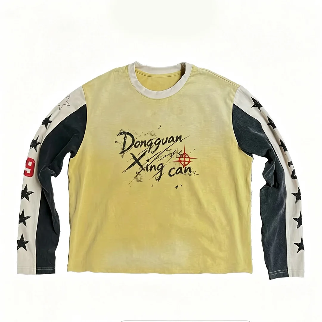 Aangepaste Vintage Kleur Blok Raglan Mans Langmou-T-hemp Skerm Uitdrukking Oorgroot Hoofstraat Hemp Premie Katoen ODM Groothandel