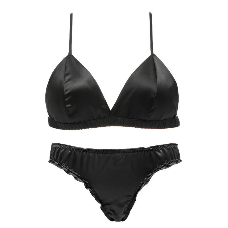 MK French small breast sexy underwear female peacock blue triangle cup flat  chest beautiful back black satin bra set