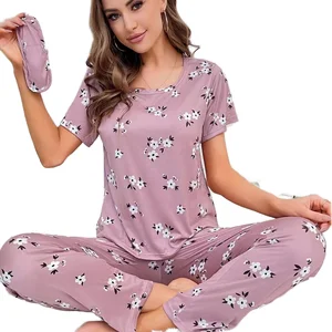 Women's O-Neck Short-Sleeve Sleepwear Set Wholesale 2-Piece Casual Lounge Wear Breathable Home Summer Nightie Long Pants Pajamas
