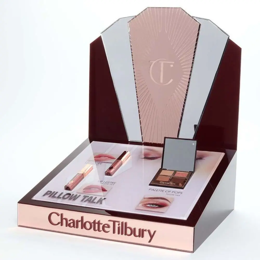 Premium mirror acrylic cosmetic display stand integrating custom branding panels and poster slots